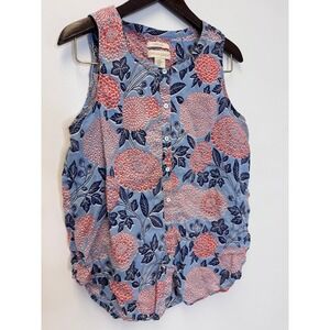 Cynthia Rowley Womens Blue Coral Floral 100% Linen Sleeveless Button Top Medium